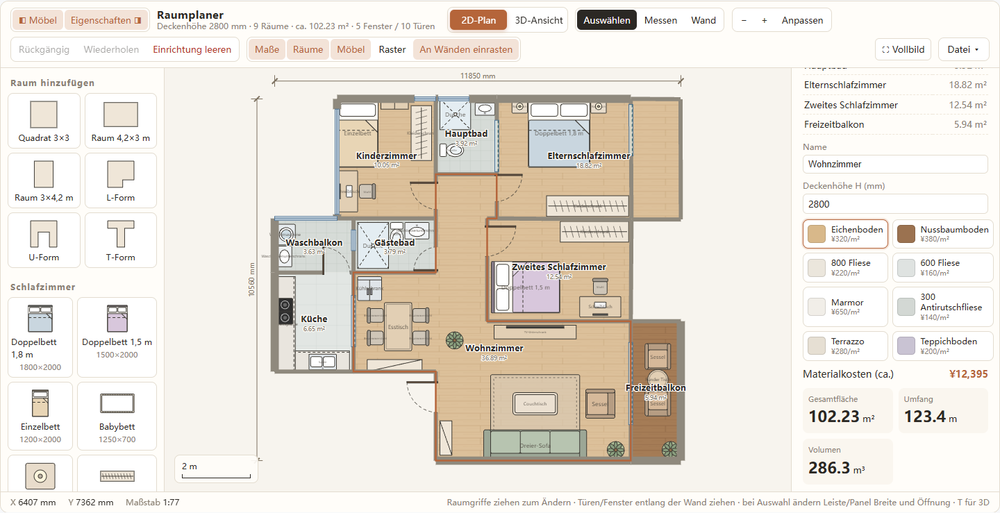 Ein ausgewähltes Wohnzimmer im Plan mit Name, Deckenhöhe, acht Bodenbelagsfeldern sowie Gesamtfläche, Umfang und Volumen im rechten Bereich.