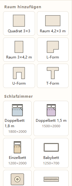 Der Abschnitt Raum hinzufügen mit quadratischen, zwei rechteckigen, L-, U- und T-förmigen Raumvorlagen.