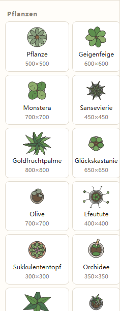 Der Bereich Pflanzen der Möbelbibliothek mit Olivenbaum, Efeutute, Sukkulententopf, Orchidee, Paradiesvogelblume, Drachenbaum und Pflanzkasten samt Größen in Millimetern.