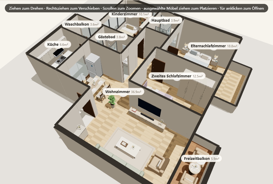 Eine isometrische 3D-Ansicht der gesamten Wohnung mit geschnittenen Wänden, Möbeln und schwebenden Raumnamen samt Flächen.