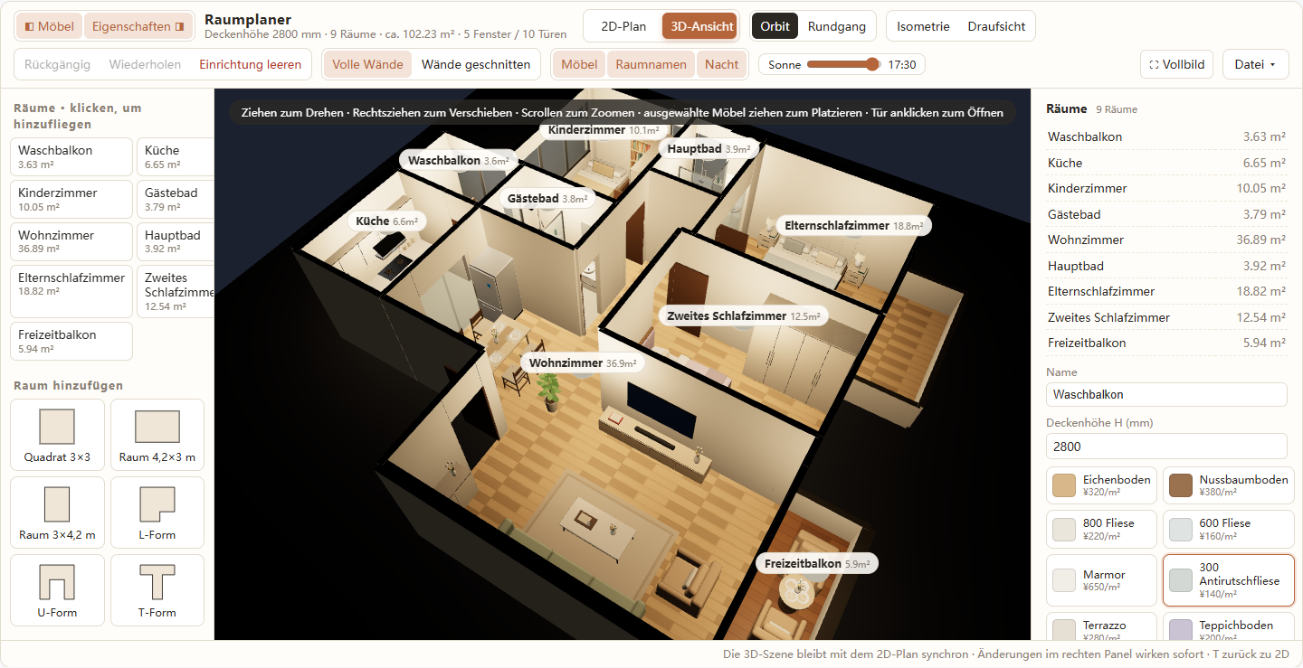 Eine nächtliche 3D-Ansicht der Wohnung mit warmem Innenlicht, aktivem Schalter Nacht und Sonnenregler auf 17:30.