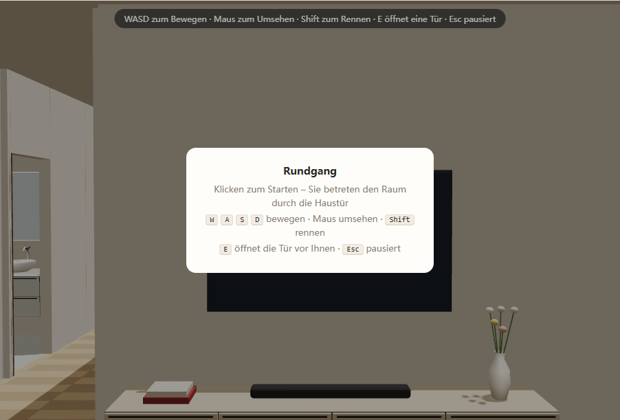 Die Hinweise im Rundgang mit dem Titel Rundgang und Tastaturhinweisen zum Bewegen, Umsehen, Rennen und Öffnen von Türen.