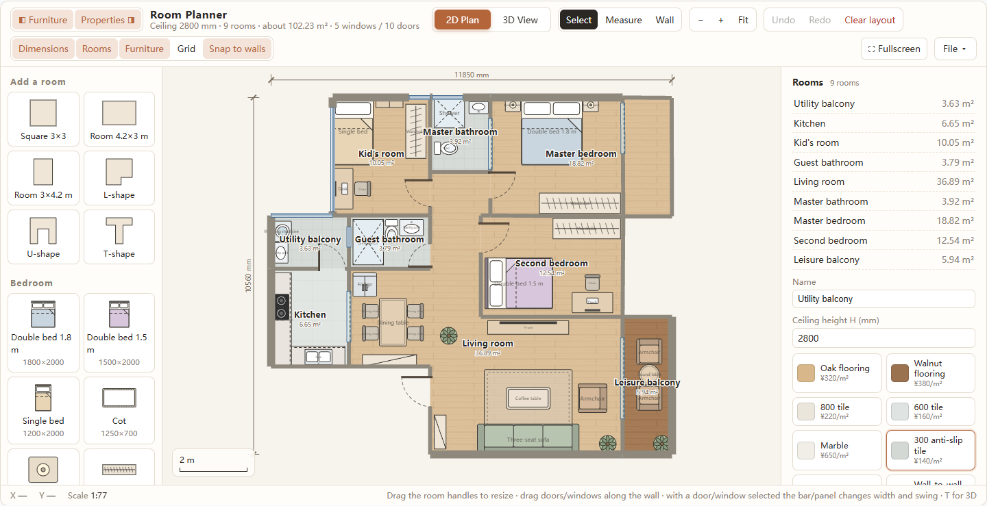 Room Planner in 2D with the furniture library on the left, the furnished default floor plan in the centre and the Rooms properties panel on the right.