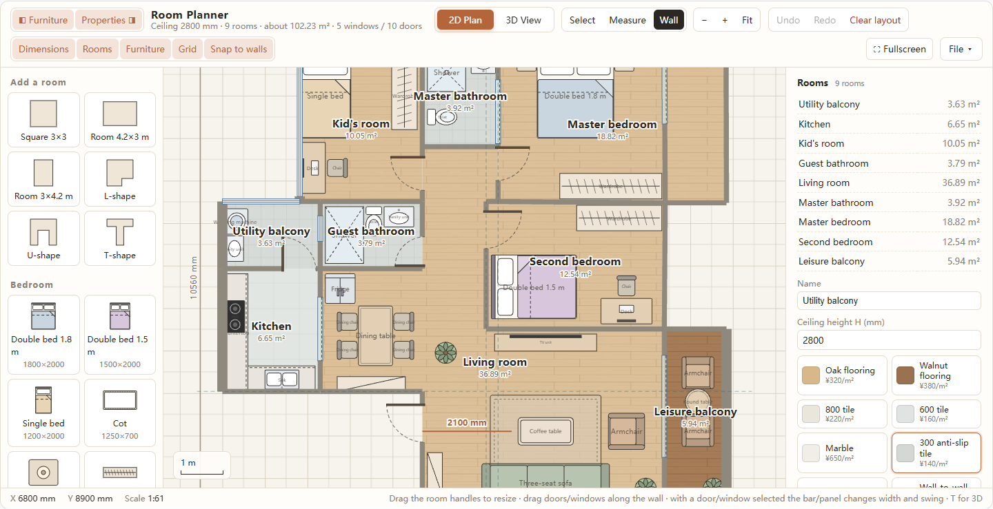 The Wall tool active on a floor plan, with the grid visible, alignment guides and an orange wall preview labelled 2100 mm.