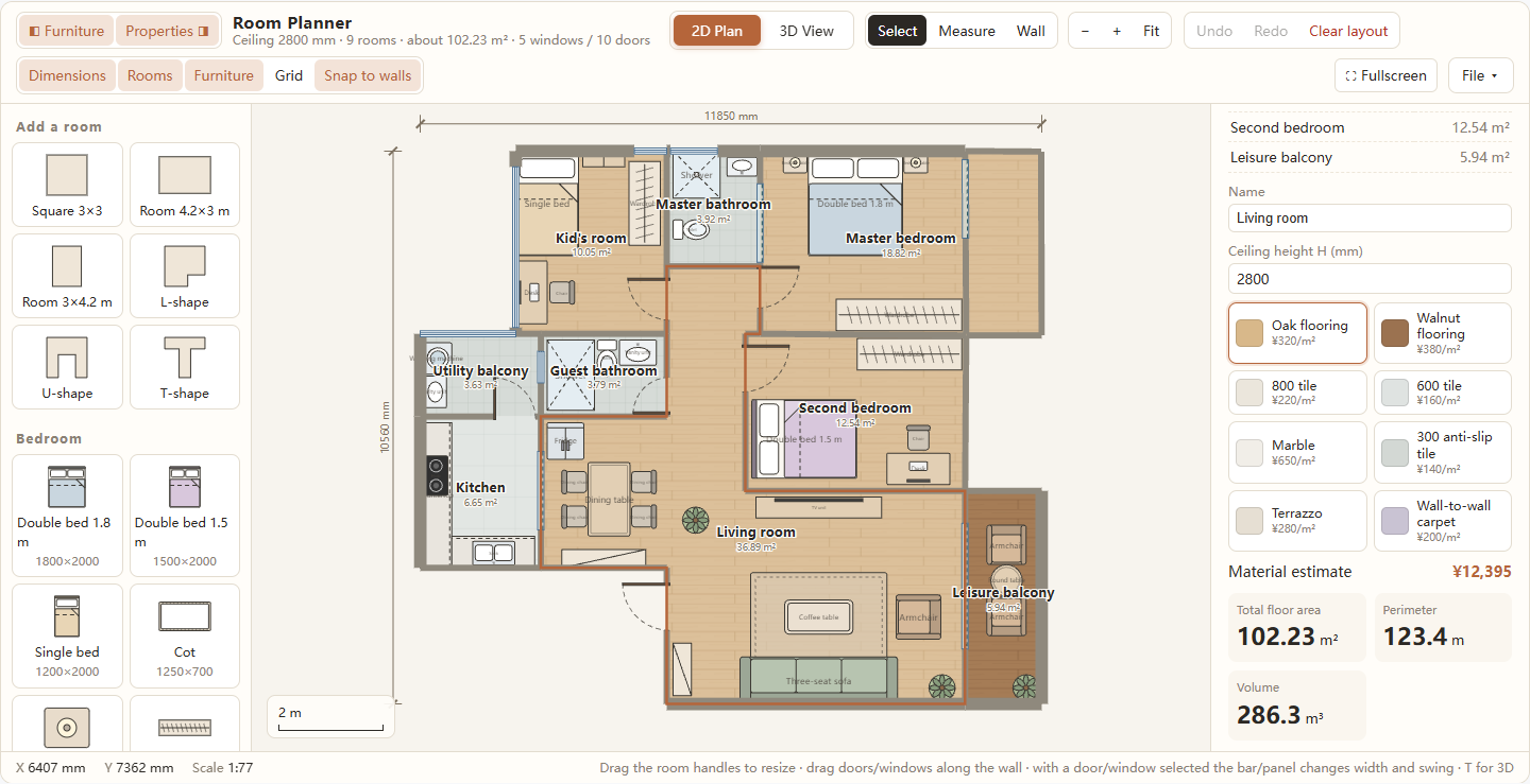 A living room selected on the plan, with its name, ceiling height, eight floor material swatches and the area, perimeter and volume totals in the right panel.