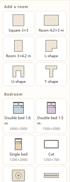 The Add a room section showing square, two rectangular, L-shaped, U-shaped and T-shaped room templates.