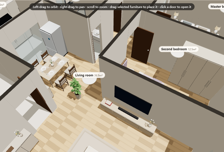 A 3D cutaway view of the plan with interior doors, one door standing open, room labels and the orbit hint bar.