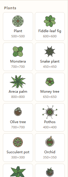 The Plants section of the furniture library, showing olive tree, pothos, succulent pot, orchid, bird of paradise, dracaena and planter mix with their millimetre sizes.