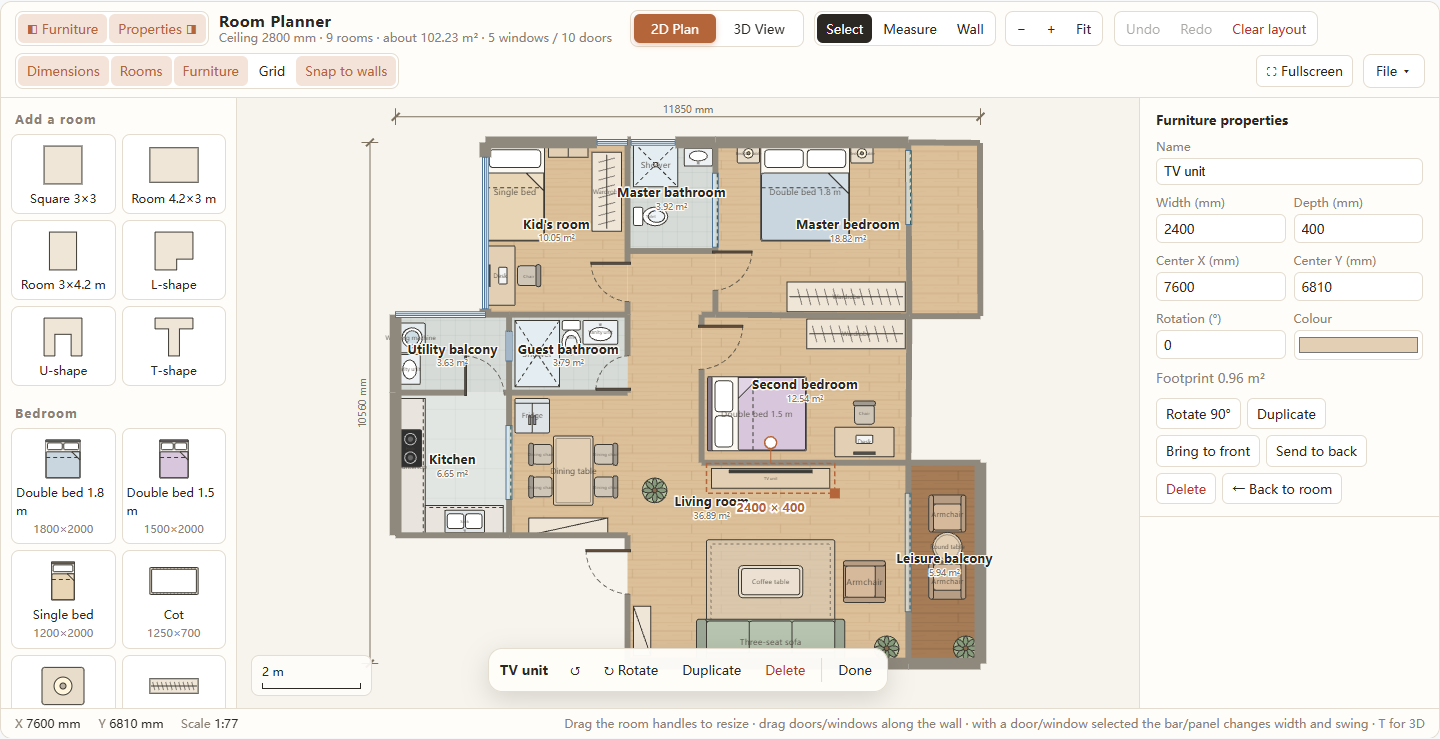 A TV unit selected on the plan with resize and rotation handles, a Furniture properties panel listing size, centre, rotation, colour and footprint, and the bottom action bar.