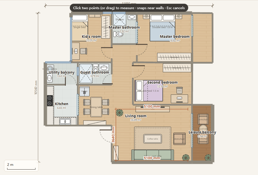 Three orange measurement lines on the floor plan, reading 5100 mm, 5100 mm and 3640 mm, with the Measure hint bar at the top.