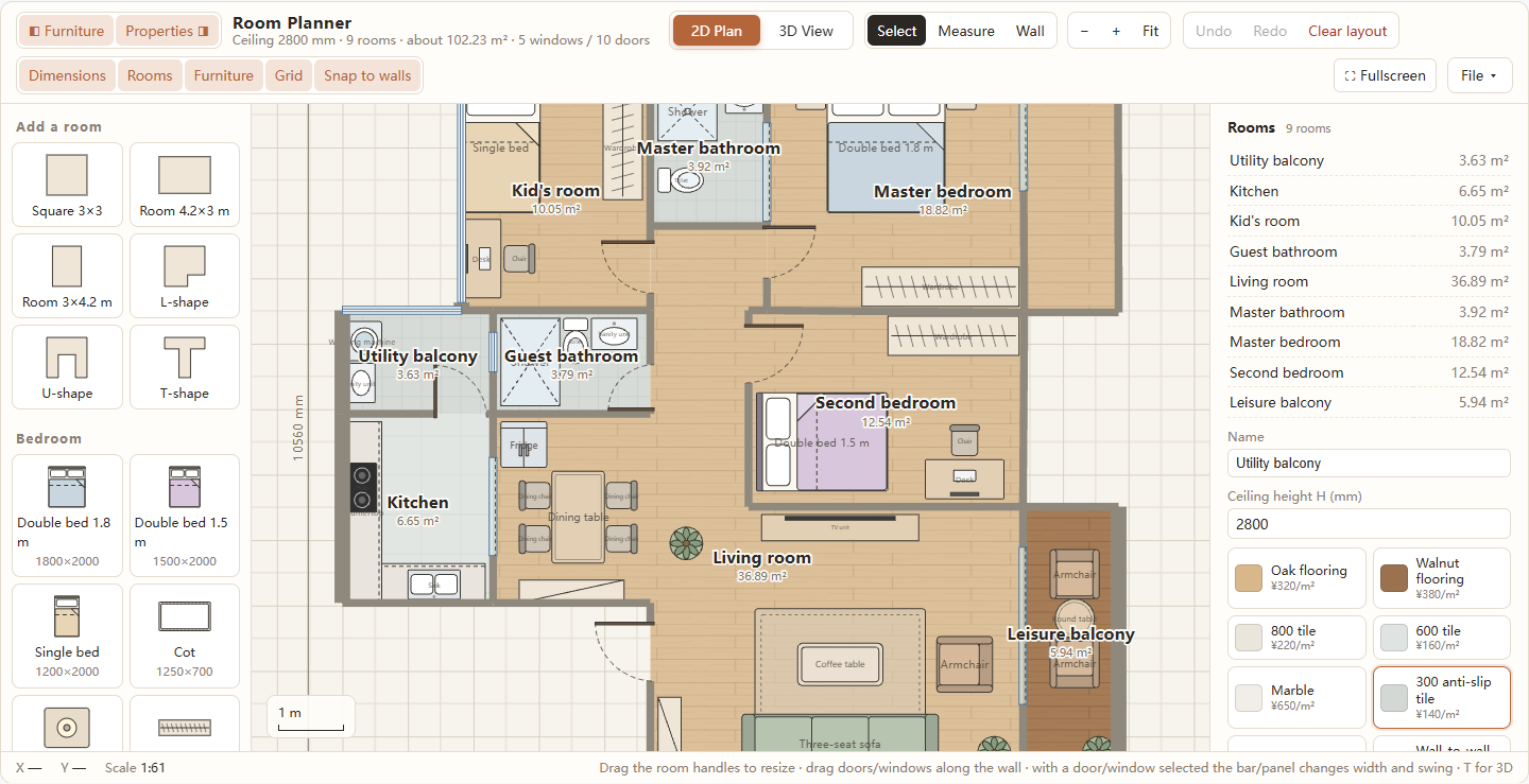 The plan with the grid layer enabled, showing fine half-metre lines inside one-metre squares, and the layer buttons Dimensions, Rooms, Furniture, Grid and Snap to walls.