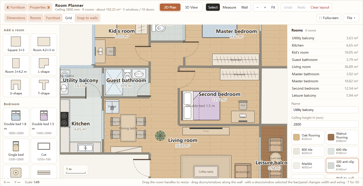 The planner zoomed in to a scale of 1:49, with room labels and furniture enlarged, the toolbar unchanged and the scale shown in the status bar.