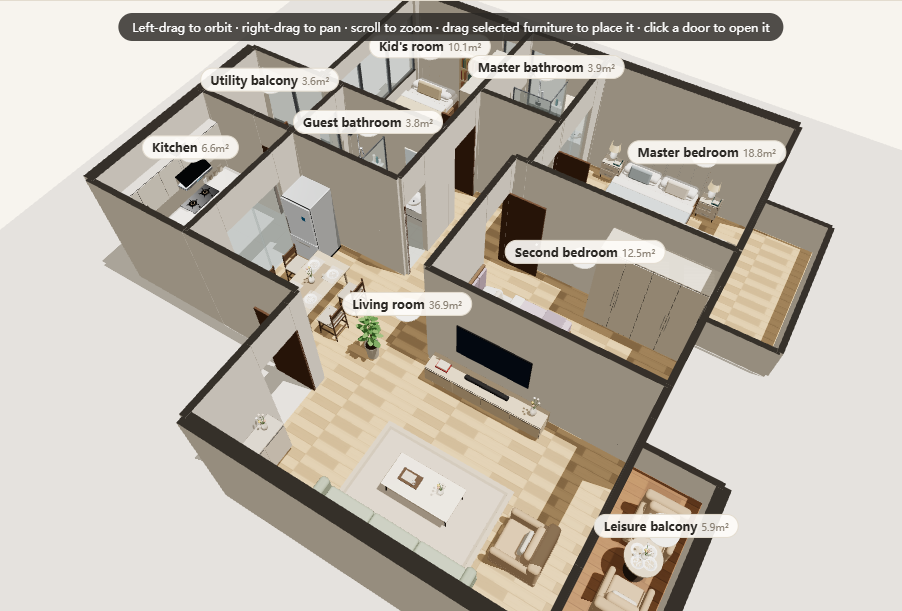 A 3D isometric view of the whole apartment with cut-away walls, furniture and floating room name and area labels.
