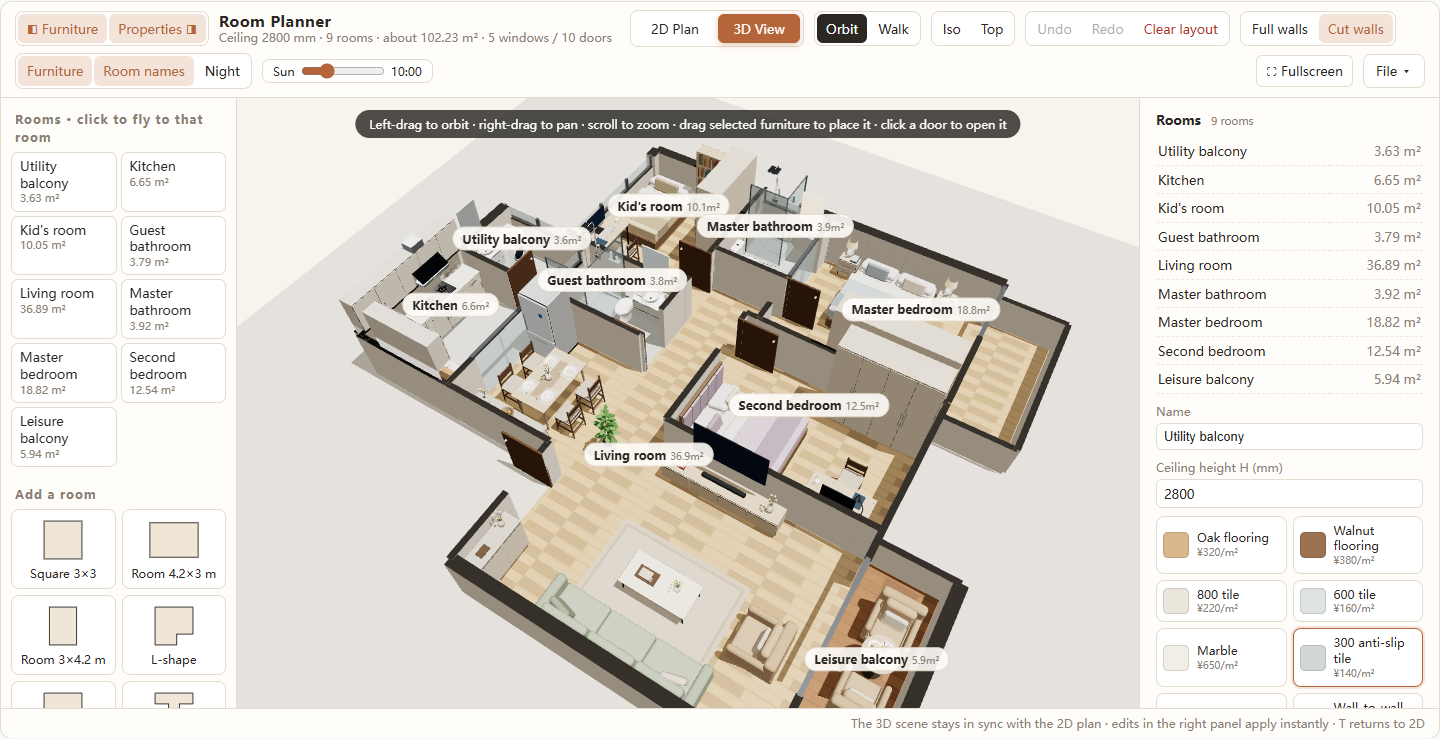 3D view with walls cut at 1.2 metres, the room list on the left and room labels on the model, plus Full walls and Cut walls buttons.