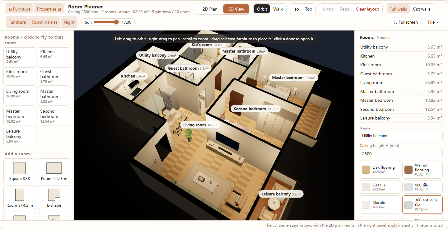A night-time 3D view of the apartment with warm interior lighting, the Night toggle active and the Sun slider set to 17:30.