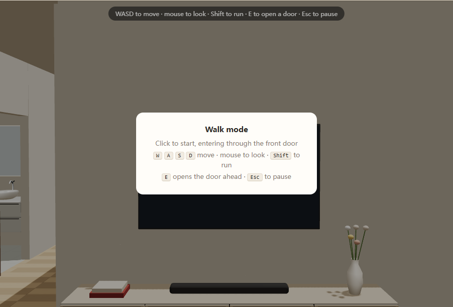 The Walk mode overlay with the title Walk mode and keyboard instructions for moving, looking, running and opening doors.