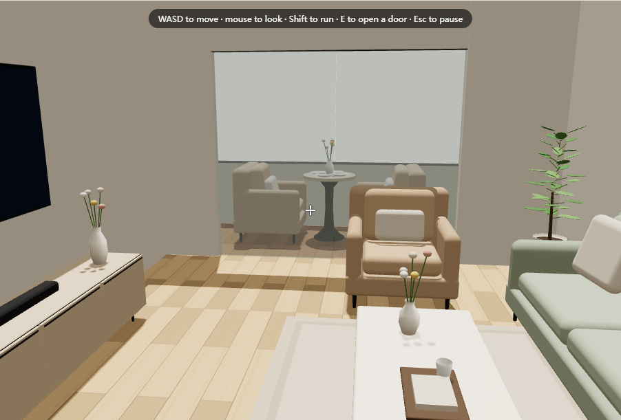 A first-person view inside the living room, looking past armchairs and a coffee table towards the balcony windows, with a crosshair at the centre.